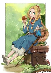 Rule 34 | 1girl, :t, artist name, backpack, bag, belt pouch, bird, black border, blonde hair, blue capelet, blue robe, blush, book, book holster, border, braid, bread, capelet, choker, closed mouth, commentary, day, dungeon meshi, eating, edomon-do, elf, feeding, fireflies, food, food bite, french braid, full body, green eyes, grey footwear, hands up, highres, holding, holding food, hood, hood down, hooded capelet, light particles, long hair, long sleeves, looking at animal, looking at viewer, mandrake, marcille donato, multiple braids, mushroom, nature, outside border, pants, parted bangs, pointy ears, pouch, robe, sandals, shoe soles, side braid, sitting, sprout, staff, tree stump, unworn backpack, unworn bag, very long hair, white pants