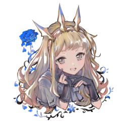 Rule 34 | 1girl, black gloves, blonde hair, blue flower, blue rose, brown hair, cagliostro (granblue fantasy), capelet, crown, flower, gloves, granblue fantasy, hairband, highres, jewelry, kuzumiya yuyu, long hair, looking at viewer, open mouth, rose, simple background, solo, white background