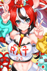 Rule 34 | 1girl, absurdres, animal ears, armpits, arms up, bare shoulders, black hair, blue eyes, breasts, collar, crop top, double v, hakos baelz, highres, hololive, hololive english, key, long sleeves, looking at viewer, medium breasts, midriff, mouse ears, multicolored hair, navel, nez-box, off-shoulder shirt, off shoulder, red hair, shirt, short hair, smile, solo, stomach, two-tone hair, upper body, v, virtual youtuber, white hair, white shirt