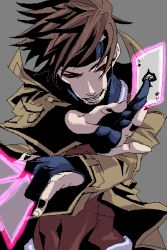 Rule 34 | 1boy, black sclera, brown hair, card, coat, colored sclera, covered navel, crossed arms, dual wielding, facial hair, fighting stance, fingerless gloves, foreshortening, gambit, gloves, glowing, grey background, head tilt, holding, holding card, jacket, jaggy lines, looking at viewer, male focus, marvel, oekaki, open clothes, open jacket, perspective, playing card, red eyes, short hair, simple background, smile, solo, spiked hair, stubble, superhero costume, togatsuko, x-men
