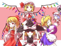 Rule 34 | 6+girls, alternate costume, apron, ascot, bad id, bad pixiv id, ball, bat wings, blonde hair, blue dress, blue hair, bow, braid, brooch, camera, chibi, closed eyes, cosplay, detached sleeves, dress, enmaided, fang, flandre scarlet, four of a kind (touhou), fourth wall, hair bow, hair tubes, hakurei reimu, hakurei reimu (cosplay), hat, hat bow, hat tug, highres, izayoi sakuya, izayoi sakuya (cosplay), jewelry, kirisame marisa, kirisame marisa (cosplay), long sleeves, looking at viewer, maid, maid apron, maid headdress, minust, mob cap, multiple girls, o o, pink dress, puffy sleeves, red eyes, remilia scarlet, remilia scarlet (cosplay), shirt, short sleeves, silver hair, single braid, skirt, skirt set, smile, touhou, vest, waist apron, wide sleeves, wings, witch hat, wrist cuffs