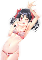 Rule 34 | 1girl, armpits, artist name, artist request, black hair, blush, bow, bow bra, bow panties, bra, breasts, collarbone, female focus, fingernails, hair between eyes, hair ribbon, highres, looking at viewer, love live!, love live! school idol project, medium hair, navel, one eye closed, open mouth, panties, red bow, red eyes, red ribbon, ribbon, ribs, simple background, small breasts, teeth, twintails, underwear, underwear only, upper teeth only, white background, yazawa nico