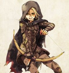 Rule 34 | 1girl, armor, arrow (projectile), blonde hair, bow (weapon), breastplate, brown cloak, brown pants, cloak, commentary request, dovahkiin, drawing bow, feet out of frame, green eyes, hair between eyes, holding, holding bow (weapon), holding weapon, hood, hood up, hooded cloak, open mouth, pants, short hair, solo, the elder scrolls, the elder scrolls v: skyrim, tokio (okt0w0), weapon