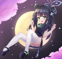 Rule 34 | 1girl, animal ear fluff, animal ears, arms up, ass, black dress, black footwear, black hair, blue archive, blunt bangs, cherry blossoms, china dress, chinese clothes, dress, full body, full moon, green eyes, highres, long hair, mary janes, moon, open mouth, shoes, short sleeves, shun (blue archive), shun (small) (blue archive), side slit, smile, solo, thighhighs, thighs, tiger ears, tisofofo, twintails, white thighhighs