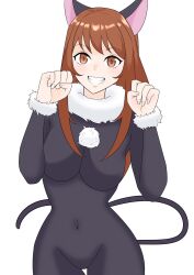 Rule 34 | 1girl, animal ears, bodysuit, breasts, brown eyes, brown hair, cat ears, cat tail, catsuit, covered navel, erica fontaine, grin, highres, large breasts, legs, long hair, looking at viewer, sakura taisen, sega, smile, solo, tail, thighs