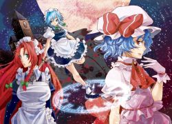 Rule 34 | alternate costume, braid, enmaided, female focus, gloves, hong meiling, izayoi sakuya, knife, long hair, maid, maid headdress, mary janes, miero, moon, multiple girls, red eyes, red hair, remilia scarlet, shoes, short hair, silver hair, throwing knife, touhou, twin braids, weapon