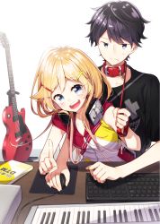 Rule 34 | 1boy, 1girl, :d, bad id, bad pixiv id, bare arms, black hair, black shirt, blonde hair, blue eyes, closed mouth, collar, collarbone, commentary request, copyright request, fingernails, hair ornament, hairclip, highres, holding, holding leash, index finger raised, instrument, jacket, keyboard (computer), keyboard (instrument), leash, long hair, looking at viewer, mouse (computer), official art, open mouth, red collar, round teeth, sakuragi ren, shirt, short sleeves, sleeveless, sleeveless jacket, smile, sweat, teeth, upper teeth only, v-shaped eyebrows, very long hair, white jacket