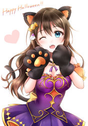 Rule 34 | 1girl, ;), absurdres, alternate hairstyle, animal ears, animal hands, aqua eyes, arm garter, artist name, artist request, back bow, bare shoulders, bat necklace, black choker, blue eyes, blush, bow, breasts, brown hair, candy hair ornament, cat ears, cat tail, choker, cleavage, close-up, collarbone, dress, fake animal ears, female focus, food-themed hair ornament, frilled dress, frills, ghost hair ornament, gloves, hair between eyes, hair ornament, hairclip, halloween, happy halloween, heart, high ponytail, highres, jewelry, long hair, looking at viewer, love live!, love live! nijigasaki high school idol club, love live! school idol festival, medium breasts, miniskirt, necklace, one eye closed, osaka shizuku, parted lips, paw gloves, plaid, plaid dress, plaid skirt, pleated, pleated dress, pleated skirt, ponytail, purple dress, purple skirt, sharp teeth, skirt, sleeveless, sleeveless dress, smile, solo, tail, teeth, white background, wink, yellow bow
