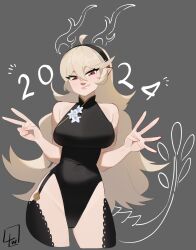 Rule 34 | 1girl, 2024, absurdres, ahoge, alternate costume, bare shoulders, black hairband, black leotard, blonde hair, breasts, chinese zodiac, closed mouth, commentary, corrin (female) (fire emblem), corrin (fire emblem), covered navel, cropped legs, double-parted bangs, english commentary, eyelashes, fire emblem, fire emblem fates, flower, grey background, hair between eyes, hairband, hands up, highleg, highleg leotard, highres, impossible clothes, impossible leotard, l4wless, large breasts, leotard, lips, long hair, looking at viewer, nail polish, nintendo, pink nails, pointy ears, red eyes, sidelocks, signature, simple background, sleeveless, smile, solo, thighs, v, very long hair, white flower, year of the dragon