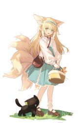 Rule 34 | 1boy, 1girl, absurdres, animal ears, arknights, bag, baguette, basket, blonde hair, blue skirt, bread, brown footwear, chenmu sora, closed eyes, food, fox ears, fox girl, fox tail, grass, green eyes, high-waist skirt, highres, holding, holding basket, kitsune, long hair, long sleeves, looking at another, looking down, luo xiaohei, luo xiaohei (cat), luo xiaohei zhanji, mary janes, multiple tails, official alternate costume, open mouth, puffy sleeves, shirt, shoes, simple background, skirt, smile, socks, suzuran (arknights), suzuran (spring praise) (arknights), tail, white background, white shirt, white socks