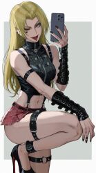 1girl black_nails blonde_hair cellphone fingernails kimsan-lee leg_up long_fingernails long_hair looking_at_viewer one_eye_closed phone skirt smartphone tongue tongue_out tsukumo_yuki_(jujutsu_kaisen)