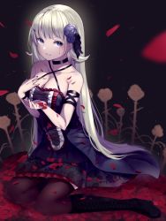 Rule 34 | 1girl, absurdres, arm strap, bad id, bad pixiv id, bare shoulders, black choker, black dress, black footwear, blood, bloody tears, blue eyes, blue flower, boots, breasts, brown thighhighs, cattleya regina games, choker, cleavage, collarbone, criss-cross halter, cross-laced footwear, dress, flower, frilled dress, frills, full body, hair flower, hair ornament, halter dress, halterneck, hanabusa lisa, hand on own chest, highres, kairi (miry666), large breasts, long hair, looking at viewer, nail polish, parted lips, petals, red flower, red nails, sitting, solo, thighhighs, very long hair, virtual youtuber, vspo!, white hair