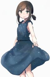 Rule 34 | 1girl, absurdres, anchor symbol, blue dress, blush, brown hair, dress, feet out of frame, fubuki (kancolle), green eyes, highres, kantai collection, ma rukan, open mouth, short hair, short ponytail, signature, simple background, sleeveless, sleeveless dress, solo, white background