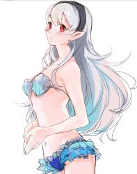 Rule 34 | 1girl, bare shoulders, bk-love, blush, breasts, fire emblem, fire emblem fates, hairband, long hair, looking at viewer, navel, nintendo, pointy ears, red eyes, silver hair, simple background, solo
