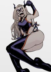 Rule 34 | 1boy, 1girl, arm up, ass, bare shoulders, blonde hair, blue bodysuit, blue gloves, blue horns, bodysuit, boku no hero academia, breasts, clenched hand, closed eyes, domino mask, fake horns, foot out of frame, full body, giant, giantess, gloves, grey background, highres, horns, kamui woods, long hair, mask, medium breasts, mount lady, oimo (oimkimn), open mouth, parted bangs, sidelocks, simple background, teeth, thighs