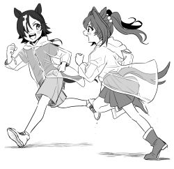Rule 34 | 2girls, aged down, animal ears, blush, boots, clenched hands, daiwa scarlet (umamusume), fang, greyscale, hair over one eye, highres, hood, hood down, horse ears, horse girl, horse tail, jacket, looking at another, monochrome, multiple girls, open mouth, running, sarachi (sara dayluv), see-through, see-through jacket, shirt, shirt tucked in, shoes, short hair, shorts, skirt, smile, sneakers, socks, tail, teeth, transparent raincoat, twintails, umamusume, upper teeth only, v-shaped eyebrows, vodka (umamusume)