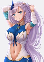 Rule 34 | armpits, arms up, bare shoulders, blue dress, blush, braid, braided bangs, breasts, closed mouth, clothing cutout, commentary, detached sleeves, dress, green eyes, green nails, grey background, head tilt, highres, hololive, hololive indonesia, kazenokaze, long hair, long sleeves, looking at viewer, medium breasts, nail polish, navel, navel cutout, pavolia reine, ponytail, purple hair, simple background, sleeveless, sleeveless dress, smile, solo, swept bangs, very long hair, virtual youtuber, white sleeves
