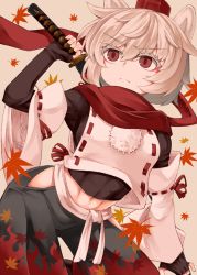 Rule 34 | 1girl, animal ears, autumn, autumn leaves, black pants, black shirt, breasts, falling leaves, hat, inubashiri momiji, large breasts, leaf, long sleeves, navel, pants, red eyes, red scarf, scarf, serious, sheath, sheathed, shirt, short hair, solo, stomach, sword, tokin hat, touhou, weapon, white hair, wolf ears, wolf girl, zetsumame