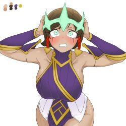 Rule 34 | 1girl, armpits, bare shoulders, blush, breasts, brown hair, collarbone, cowboy shot, dark-skinned female, dark skin, dress, eyelashes, facial mark, green eyes, hands on own head, highres, karma (league of legends), korean commentary, large breasts, league of legends, lolboja, looking up, medium hair, open mouth, possessed, purple dress, ruined (league of legends), shiny skin, sideboob, simple background, solo, thick thighs, thighs, unfinished, white background, wide hips