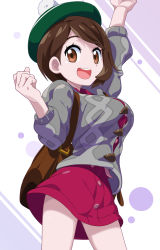 Rule 34 | 1girl, arm up, brown eyes, brown hair, buttons, cardigan, clenched hands, collared dress, creatures (company), dress, eyelashes, game freak, gloria (pokemon), green hat, grey cardigan, hat, highres, legs apart, nanina (nijnan), nintendo, open mouth, pink dress, pokemon, pokemon swsh, simple background, solo, standing, tam o&#039; shanter, teeth, tongue