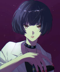 Rule 34 | 1girl, absurdres, black dress, black hair, choker, collar, collarbone, doctor, dress, highres, lab coat, multicolored eyes, persona, persona 5, purple background, red nails, short hair, simple background, spiked choker, spikes, star (sky), studded choker, studded collar, takemi tae, upper body