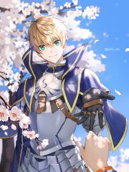 Rule 34 | 1boy, armor, armored dress, arthur pendragon (fate), blonde hair, blue cape, blue dress, breastplate, cape, dress, fate/grand order, fate/prototype, fate (series), faulds, gauntlets, greaves, green eyes, hair between eyes, highres, jaeyun, looking at viewer, male focus, pauldrons, short hair, shoulder armor, smile, solo focus, twitter username