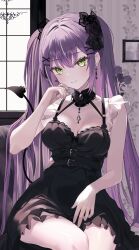 Rule 34 | 1girl, aria (ariacue), bare shoulders, breasts, cleavage, green eyes, highres, hololive, long hair, looking at viewer, medium breasts, purple hair, smile, solo, tail, tokoyami towa, twintails, virtual youtuber
