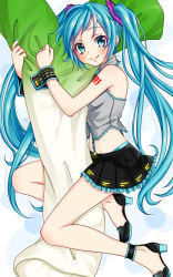 Rule 34 | 1girl, aqua eyes, aqua hair, blue hair, body pillow, from side, hatsune miku, high heels, highres, kotobuki0101, long hair, looking at viewer, lying, midriff, on side, pillow, pillow straddling, skirt, smile, solo, spring onion, suspender skirt, suspenders, tattoo, twintails, very long hair, vocaloid, wrist cuffs