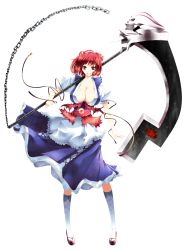 Rule 34 | 1girl, absurdres, alternate weapon, bad id, bad pixiv id, breasts, cleavage, female focus, full body, hair bobbles, hair ornament, highres, large breasts, onozuka komachi, red eyes, red hair, scythe, short hair, solo, tomi, touhou, transparent background, twintails, two side up, weapon