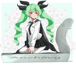 Rule 34 | 1girl, anchovy (girls und panzer), anzio school uniform, black cape, black necktie, black ribbon, black skirt, cape, character name, closed mouth, commentary, dress shirt, drill hair, emblem, english text, floral background, girls und panzer, green hair, hair ribbon, highres, kneeling, long hair, long sleeves, looking to the side, miniskirt, namatyoco, name connection, necktie, no shoes, object namesake, pantyhose, pleated skirt, red eyes, ribbon, school uniform, shirt, skirt, smile, solo, twin drills, twintails, twitter username, v arms, white pantyhose, white shirt, wing collar