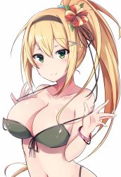 Rule 34 | 1girl, bikini, bikini pull, black ribbon, blonde hair, breasts, cleavage, clothes pull, flower, front-tie bikini top, front-tie top, girls&#039; frontline, green bikini, green eyes, hair flower, hair ornament, hair ribbon, hairband, hibiscus, highres, large breasts, long hair, looking at viewer, m1 garand (beach princess) (girls&#039; frontline), m1 garand (girls&#039; frontline), navel, official alternate costume, ponytail, ribbon, simple background, smile, solo, swimsuit, upper body, white background, zhi zhi/zu zu