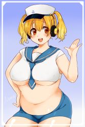 Rule 34 | 1girl, blonde hair, blush, breasts, hat, headphones, highres, huge breasts, ikuta na ma, large breasts, looking at viewer, midriff, navel, nitroplus, open mouth, orange eyes, plump, short hair, sleeveless, smile, solo, super pochaco, thick thighs, thighs, twintails