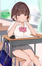 Rule 34 | 1girl, absurdres, bag, bag charm, blurry, blurry background, blush, breast rest, breasts, breasts on table, brown eyes, brown hair, charm (object), classroom, commentary request, day, desk, highres, huge filesize, indoors, large breasts, looking at viewer, original, school bag, school desk, school uniform, short hair, sitting, solo, thought bubble, translated, two side up, uiri-na