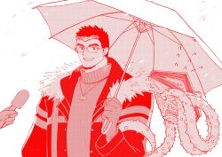 Rule 34 | 1boy, bara, book, glasses, grimoire, highres, holding, holding microphone, holding umbrella, interview, male focus, medium sideburns, microphone, motoori shiro, muscular, muscular male, rimless eyewear, short hair, sideburns, smile, snowing, solo focus, tentacles, thick eyebrows, tokyo houkago summoners, tyou, umbrella, upper body, winter clothes