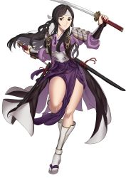 Rule 34 | 1girl, absurdres, black eyes, black hair, dual wielding, ebinku, fire emblem, fire emblem awakening, full body, headband, highres, holding, holding sword, holding weapon, japanese clothes, long hair, nintendo, parted lips, say&#039;ri (fire emblem), scabbard, sheath, simple background, solo, sword, weapon, white background, white headband