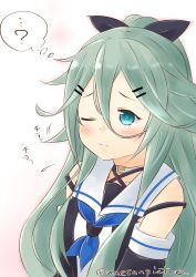 Rule 34 | ...?, 10s, 1girl, aqua eyes, bare shoulders, black ribbon, blue neckerchief, blush, choker, collarbone, detached sleeves, flying sweatdrops, green hair, hair between eyes, hair flaps, hair ornament, hair ribbon, hairclip, highres, kantai collection, long hair, looking away, mae (maesanpicture), motion lines, neckerchief, one eye closed, ponytail, ribbon, school uniform, serafuku, shiny skin, simple background, solo, thought bubble, upper body, yamakaze (kancolle)