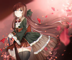 Rule 34 | artist name, arusuko, ascot, back bow, black thighhighs, bow, bowtie, brown eyes, brown hair, commentary request, dress, floating hair, green jacket, hair between eyes, highres, holding, holding umbrella, jacket, light particles, long hair, looking at viewer, magia record: mahou shoujo madoka magica gaiden, mahou shoujo madoka magica, petals, red bow, red dress, red neckwear, satomi touka, shadow, solo, thighhighs, umbrella, very long hair, wide sleeves, zettai ryouiki