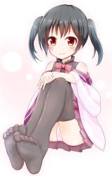 Rule 34 | absurdres, bare shoulders, black hair, black sweater, black thighhighs, blush, bow, brown eyes, cameltoe, closed mouth, commentary request, feet, gradient background, hanakoizumi yoruno, highres, japanese clothes, kimono, long hair, no shoes, off shoulder, own hands together, panties, pantyshot, pink background, pink bow, pleated skirt, purple skirt, short kimono, sidelocks, simple background, sitting, skirt, smile, soles, solo, striped, sweater, thighhighs, thighs, toes, twintails, underwear, urara meirochou, vertical stripes, white background, white kimono, white panties, yukimi koume