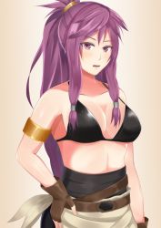 Rule 34 | 10s, 1girl, 2018, armlet, breasts, brown gloves, fingerless gloves, fire emblem, fire emblem: the sacred stones, gloves, long hair, looking at viewer, marisa (fire emblem), nintendo, open mouth, ponytail, purple eyes, purple hair, shiny skin, sidelocks