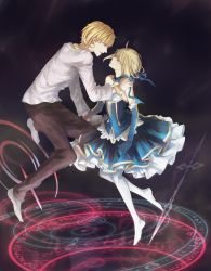 Rule 34 | 1boy, 1girl, adapted costume, ahoge, artoria pendragon (all), artoria pendragon (fate), bare shoulders, blonde hair, command spell, cross, dress, earrings, eye contact, fate/zero, fate (series), floating, gilgamesh (fate), green eyes, hair ribbon, jewelry, looking at another, magic circle, official alternate costume, pantyhose, red eyes, ribbon, saber (fate), white pantyhose, yibei1230