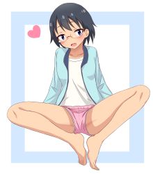Rule 34 | 1girl, bad id, bad pixiv id, barefoot, black hair, blue eyes, blush, breasts, collarbone, crotch, fang, full body, glasses, heart, highres, hodaka natsumi, houkago teibou nisshi, looking at viewer, open mouth, pink shorts, shiny skin, shirt, short hair, shorts, simple background, sitting, small breasts, smile, solo, spread legs, white shirt
