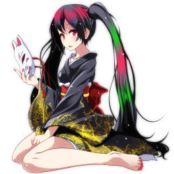 Rule 34 | 1girl, barefoot, black kimono, female focus, floating hair, fox mask, full body, hair between eyes, hatsune miku, holding, holding mask, japanese clothes, kimono, long hair, looking at viewer, mask, multicolored hair, nail polish, obi, open mouth, print kimono, project diva (series), red eyes, red nails, sash, simple background, sitting, solo, tsukishiro saika, twintails, very long hair, vocaloid, wariza, white background