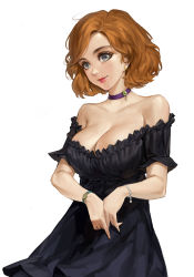 Rule 34 | 1girl, bare shoulders, black dress, blue eyes, bracelet, breasts, choker, chronodash, cleavage, closed eyes, collarbone, commentary, dress, earrings, english commentary, forehead, highres, jewelry, large breasts, mole, nostrils, off-shoulder dress, off shoulder, orange hair, original, own hands together, parted bangs, purple choker, red lips, short hair, simple background, smile, solo, strapless, strapless dress, watch, white background, wristwatch