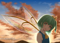 Rule 34 | 1girl, ascot, backlighting, blue vest, bosutonii, cloud, daiyousei, fairy wings, from side, gradient sky, green eyes, green hair, hair ribbon, head tilt, highres, light particles, looking at viewer, mountain, mountainous horizon, open mouth, outdoors, puffy short sleeves, puffy sleeves, ribbon, shirt, short hair, short sleeves, side ponytail, sky, solo, standing, teeth, touhou, twilight, upper body, upper teeth only, vest, white shirt, wings, yellow ascot, yellow ribbon