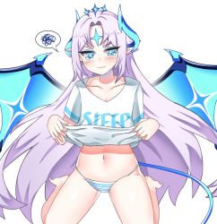 Rule 34 | + +, 1girl, barefoot, blue eyes, blue wings, blush, closed mouth, clothes lift, collarbone, cookiegoon, demon tail, demon wings, elsword, embarrassed, facial mark, floating hair, highres, horns, ishtar (elsword), lifting own clothes, long hair, looking at viewer, luciela r. sourcream, midriff, navel, panties, pointy ears, print shirt, shirt, shirt lift, short sleeves, silver hair, simple background, sitting, solo, speech bubble, stomach, striped clothes, striped panties, tail, tears, underwear, very long hair, wariza, white background, white shirt, wings