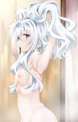 Rule 34 | 10s, 1girl, adjusting hair, blue eyes, breasts, hairband, hibiki (kancolle), kantai collection, long hair, looking at viewer, nipples, nude, serakoutarou, silver hair, small breasts, solo