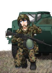 Rule 34 | 1girl, absurdres, anyan (jooho), assault rifle, black footwear, black hair, blue eyes, boots, camouflage, camouflage jacket, camouflage pants, commentary request, full body, gloves, grass, gun, hair between eyes, helmet, highres, holding, holding weapon, howa type 89, jacket, knee pads, korean commentary, long sleeves, looking away, looking to the side, military, military uniform, military vehicle, on one knee, open mouth, original, pants, pointing, pointing at viewer, rifle, short hair, solo, teeth, tire, uniform, weapon, white background
