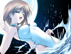 Rule 34 | 1girl, :d, ^ ^, brown hair, casual one-piece swimsuit, closed eyes, dutch angle, closed eyes, game cg, highleg, highleg swimsuit, impossible clothes, moon, night, night sky, non-web source, one-piece swimsuit, open mouth, senomoto hisashi, seto konatsu, short hair, sky, smile, solo, splashing, swimsuit, turtleneck, tutorial summer, wading, water, white one-piece swimsuit
