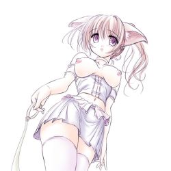 Rule 34 | 1girl, animal ears, breasts, brown hair, cat ears, cat tail, choker, from below, large breasts, nipples, ponytail, purple eyes, simple background, sketch, skirt, solo, tail, tenmaso, thighhighs, white background