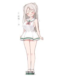 Rule 34 | 1girl, absurdres, anger vein, breasts, commentary request, conte di cavour (kancolle), cosplay, dress, full body, grey hair, highres, kantai collection, large breasts, libeccio (kancolle), libeccio (kancolle) (cosplay), long hair, neckerchief, sailor collar, sailor dress, simple background, sleeveless, sleeveless dress, solo, standing, striped neckerchief, tiemu (man190), two side up, white background, white dress, white sailor collar
